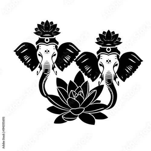 Double Ganesha on Lotus Flower Silhouette Vector Illustration. Ai generated