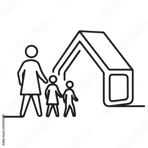 Minimalist line art icon of a mother and two children standing in front of a house symbol, representing family housing, social welfare, domestic safety, and real estate concepts.