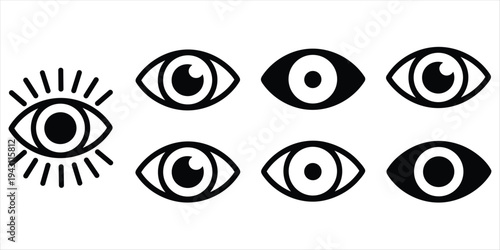 Black Stylized Eye Icon with Rays and Five Eye Icons on White Background Keywords: eye, eyes, vision, sight, looking, watching