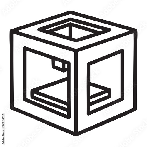 A black and white drawing of a cube with a square hole