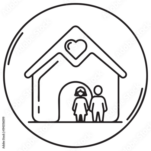 Minimalist line art icon featuring a couple standing in front of a house with a heart symbol on the roof, representing family home ownership, domestic love, and real estate security.
