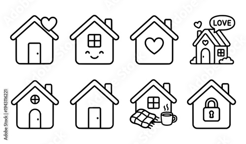 Cute stay home house and heart outline icon set black and white vector illustration