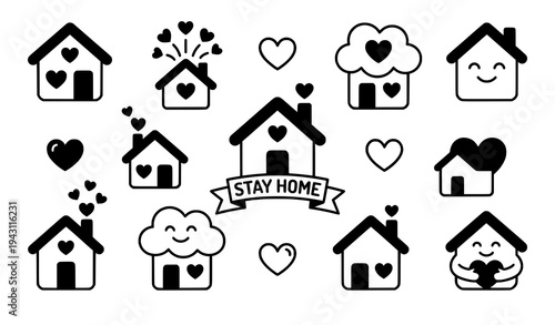 Cute home and heart icons stay home concept black and white vector illustration set