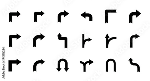 Collection of Black Arrow Icons Pointing in Various Directions.