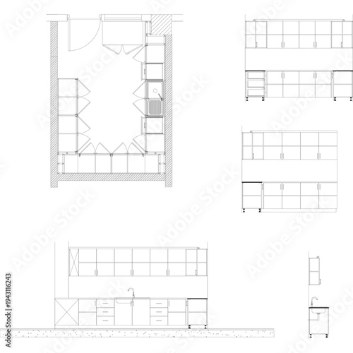 Kitchen CAD Drawing Layout, Interior Design, Modern Home, Technical Blueprint, Professional View