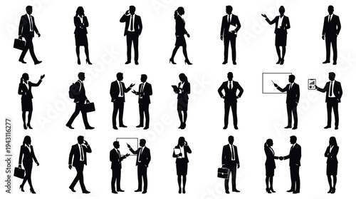 Business professionals silhouettes in corporate poses, teamwork, communication, meetings, presentations, handshake, office collaboration, leadership, strategy, success, flat vector illustration