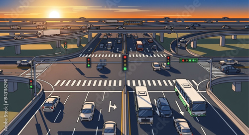 Busy City Intersection at Sunset with Heavy Traffic.