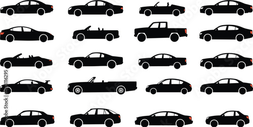 Collection of Black Silhouette Car Icons on White Background automobile vehicle