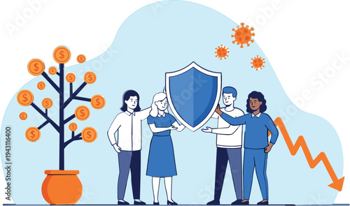 Financial Protection and Economic Crisis Insurance Concept Illustration with People Holding Shield Money Tree Virus Icons and Falling Market Graph