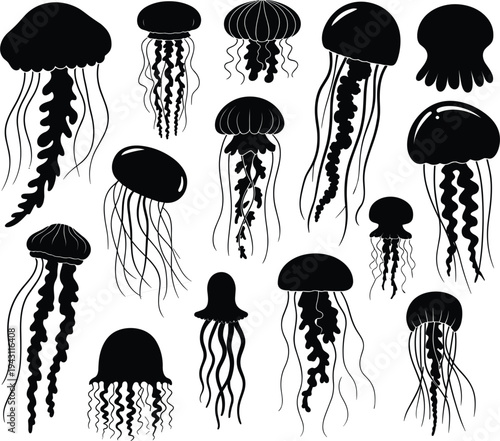 Collection of Black Silhouette Jellyfish with Various Tentacle Styles medusa sea creature