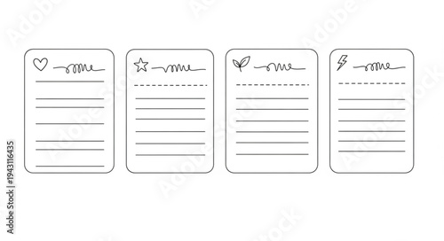 Collection of Hand-Drawn Cards with Hearts and Lines for Writing.