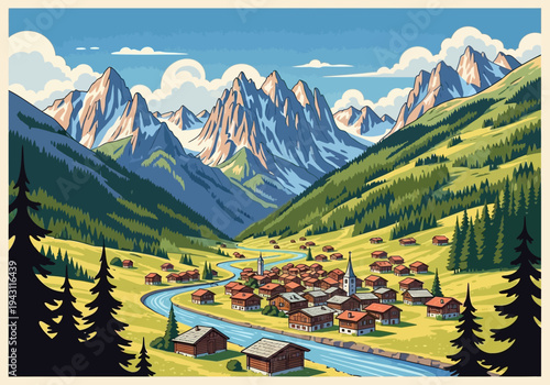 Mountain Village Landscape with River and Trees.