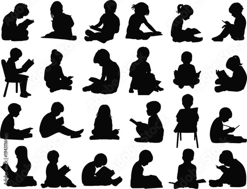 Collection of Black Silhouettes of Children Reading Books in Various Poses vector illustration