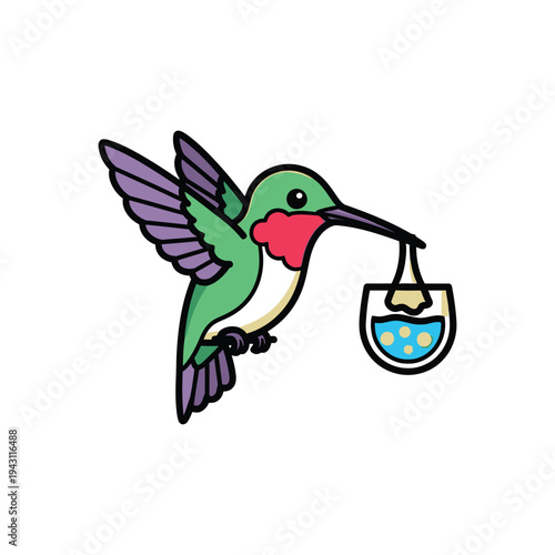 Colorful Hummingbird Carrying Water Bucket Illustration.