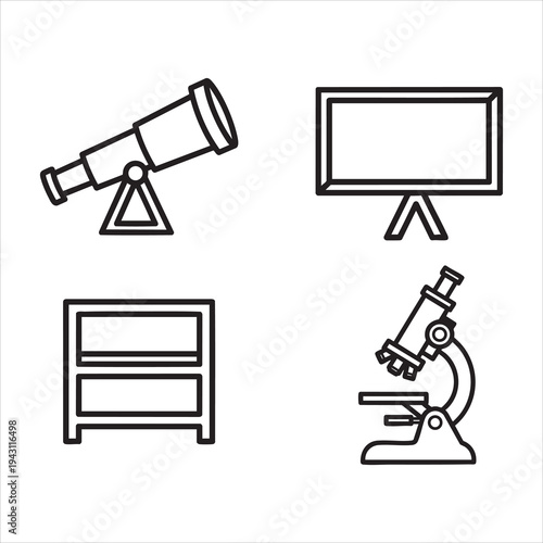 Line drawings of a computer monitor, telescope, file cabinet, and microscope