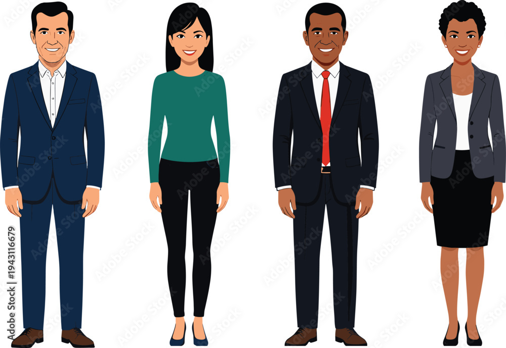 Fototapeta premium Diverse professional business people characters vector illustration, corporate office workers standing portrait set, multicultural team employee concept, isolated flat design