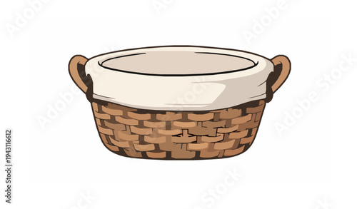 Cute woven wicker basket with cloth lining empty rustic container vector illustration
