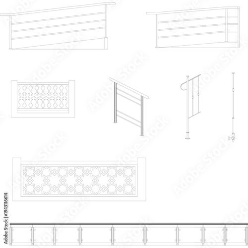Detailed architectural CAD drawing showcasing various modern and classic railing designs for safety and aesthetic appeal