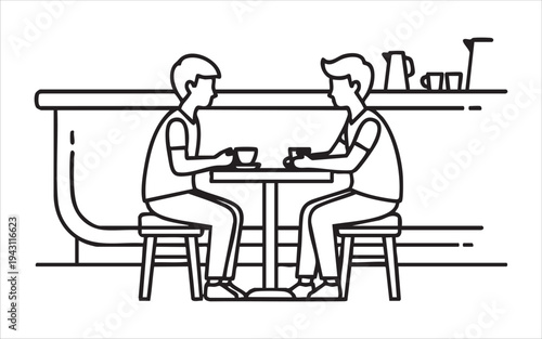 Two men sitting at a table having a coffee