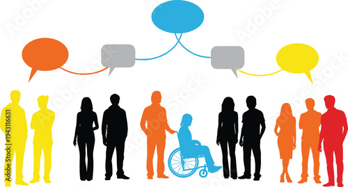 Diverse people communication silhouettes with speech bubbles, inclusive community discussion and teamwork concept, wheelchair accessibility representation, flat vector illustration