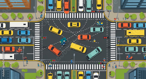 Aerial View of a Busy City Intersection with Cars and Pedestrians.