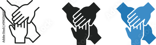 Four hands joined together in square formation, unity, teamwork, collaboration, support, partnership, solidarity, cooperation, outline, silhouette, flat vector illustration