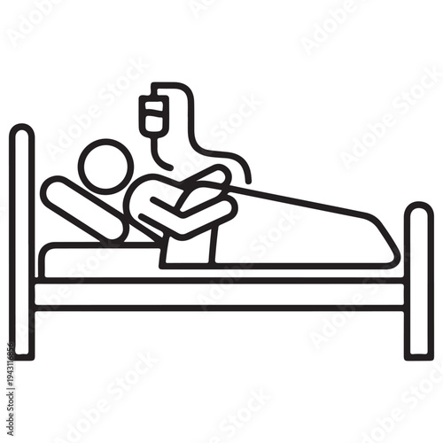 Minimalist line art icon of a patient lying in a hospital bed receiving intravenous therapy through an IV drip, representing medical care, inpatient treatment, and healthcare recovery in a clinic.