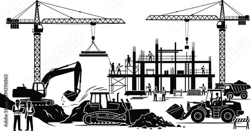 Construction site with tower cranes, excavator, bulldozer, dump truck, workers, scaffolding, teamwork, heavy machinery, building infrastructure, engineering, progress, safety, flat vector illustration