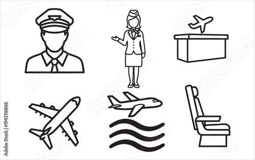 Air travel icons including pilot, flight attendant, and airplane