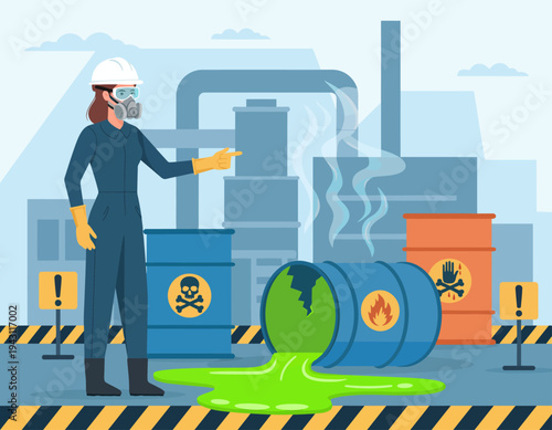 Hazardous chemical spill at industrial facility with worker in protective gear and warning signs