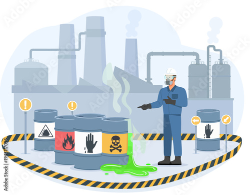 Chemical Hazard Illustration - Factory Safety with Industrial Waste and Protective Gear