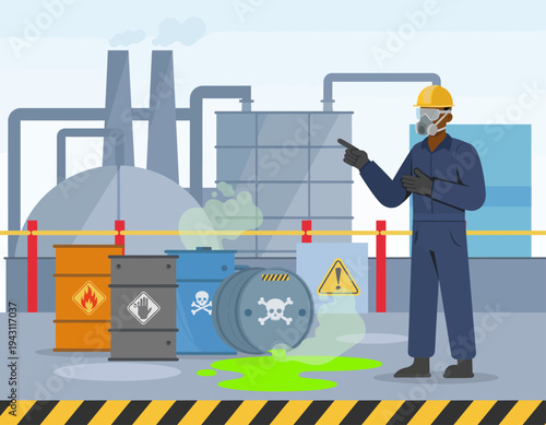 Industrial hazard warning worker points to spilled chemical barrels in a factory setting