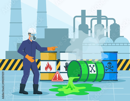 Hazardous chemical spill at industrial facility, warning signs and safety gear