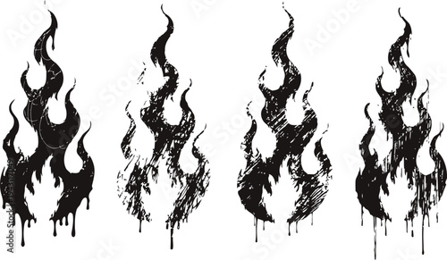 Set of grunge flame illustrations with dripping effect in black silhouette