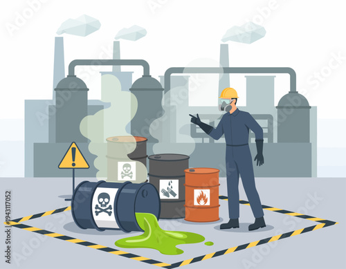 Industrial safety illustration of hazardous chemical waste spill and cleanup personnel
