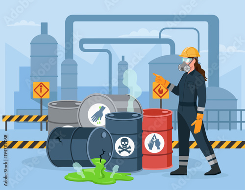 Industrial chemical hazard scene with a worker in protective gear warning about toxic waste barrels and environmental pollution in a factory setting