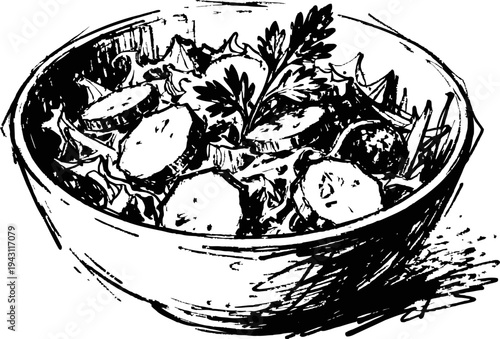 Fresh vegetable salad in a bowl with cucumber, leafy greens, and herbs healthy food illustration