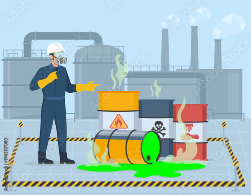 Industrial worker in protective gear handles a hazardous chemical spill from leaking barrels at a factory, emphasizing pollution risks and critical workplace safety