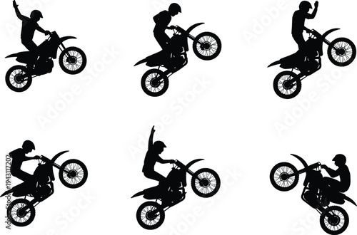 Dirt bike rider silhouette performing wheelie stunt set isolated on white background, motocross extreme sports vector illustration collection