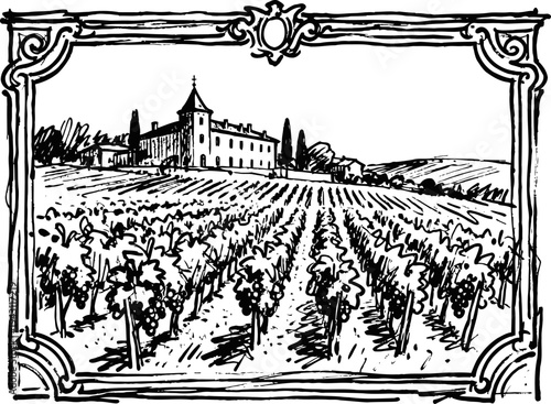 Vintage vineyard landscape with grapevines and chateau in classic decorative frame illustration