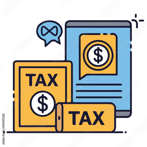Digital tax filing and financial management illustration representing online tax preparation, mobile accounting, and fiscal responsibility with a smartphone and tax documents in flat style.