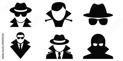 Set of Black Silhouettes Representing Spies and Detectives agent secret agent