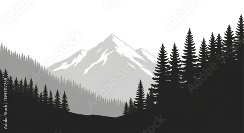 Mountain Landscape with Silhouetted Trees.