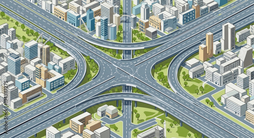 Aerial View of a Complex Highway Interchange in a City.