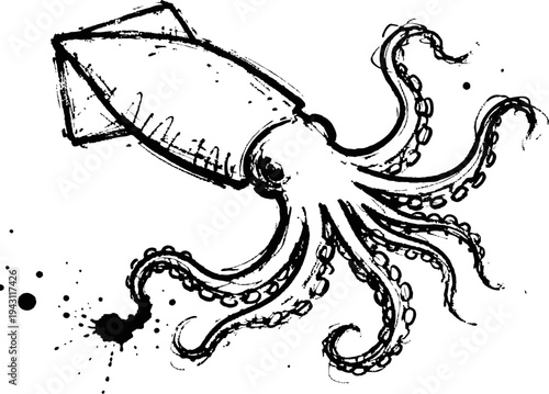 Ink sketch of squid swimming underwater with splatter effect and detailed tentacles