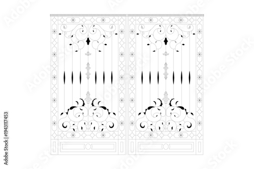 Elegant CAD Drawing of Ornate Gates, Architectural Design, Interior Space, Artistic Presentation