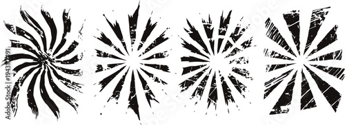 black grunge abstract sunburst shapes set with distressed vintage texture elements