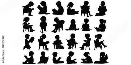 Silhouettes of Children Reading Books on White Background illustration vector