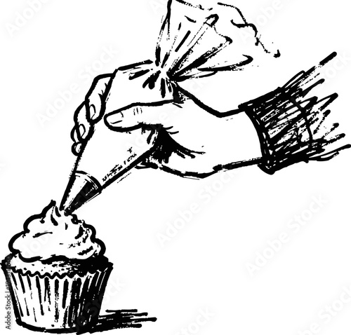 Hand decorating cupcake with icing using pastry bag baking, confectionery, dessert preparation concept