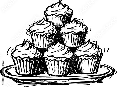 Hand drawn cupcakes with frosting arranged in a pyramid on a round plate